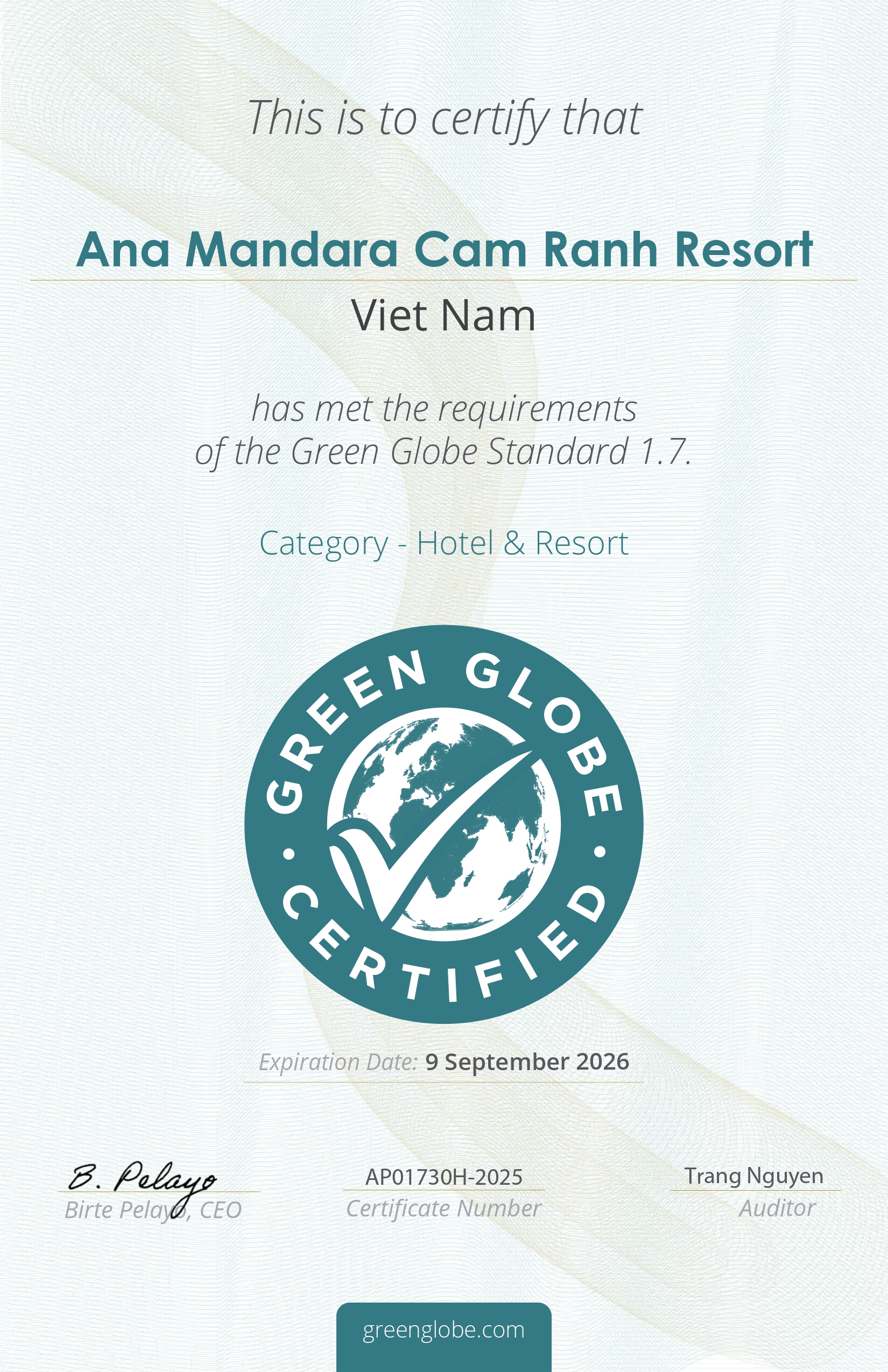 Ana Mandara Cam Ranh đạt chứng nhận Green Globe 2025 – Dấu mốc quan trọng trong hành trình phát triển bền vững