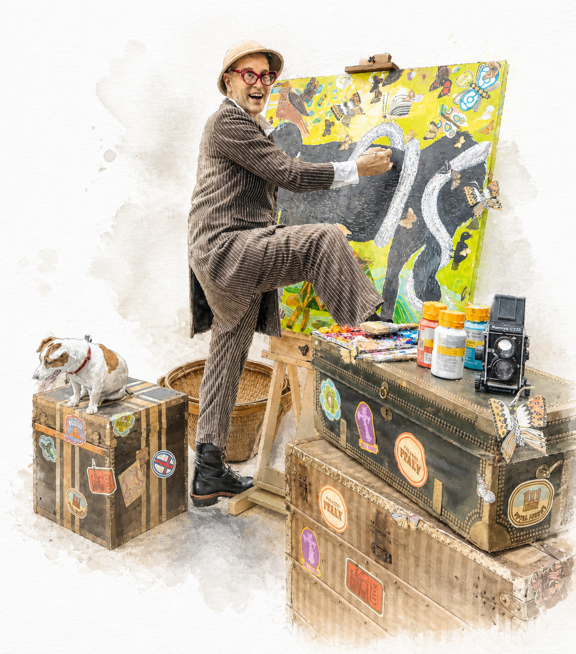 A person standing on a table with a painting on it

AI-generated content may be incorrect.
