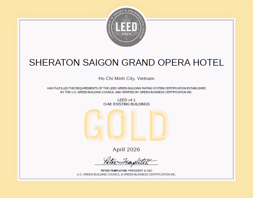 Sheraton Saigon Grand Opera Hotel trở thành khách sạn đầu tiên của Marriott International tại Việt Nam đạt LEED Gold